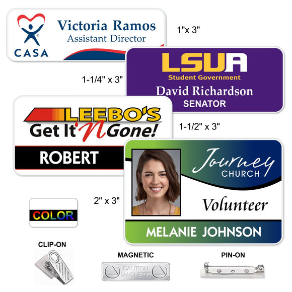 LA Trophies - FULL COLOR Plastic Name Badges MAGNETIC / PIN-ON / CLIP-ON Backing | 4 SIZES