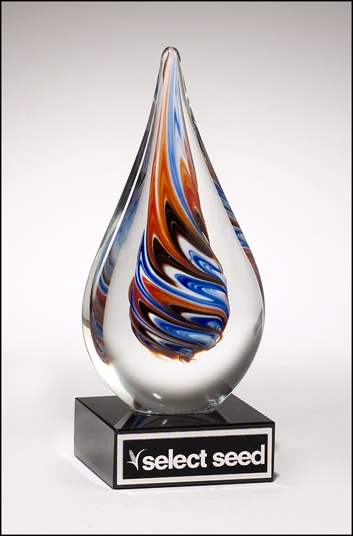 Airflyte Art Glass Teardrop-shaped award on black glass base with Black Laser Plate