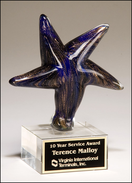 Airflyte Art Glass Star shaped award with Black Laser Plate