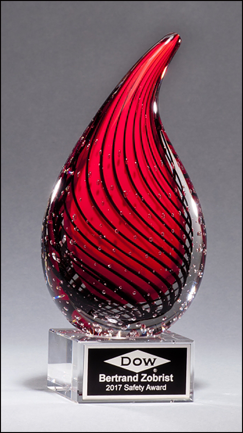 Airflyte Art Glass Droplet-Shaped Award on Clear Glass Base with Black Laser Plate