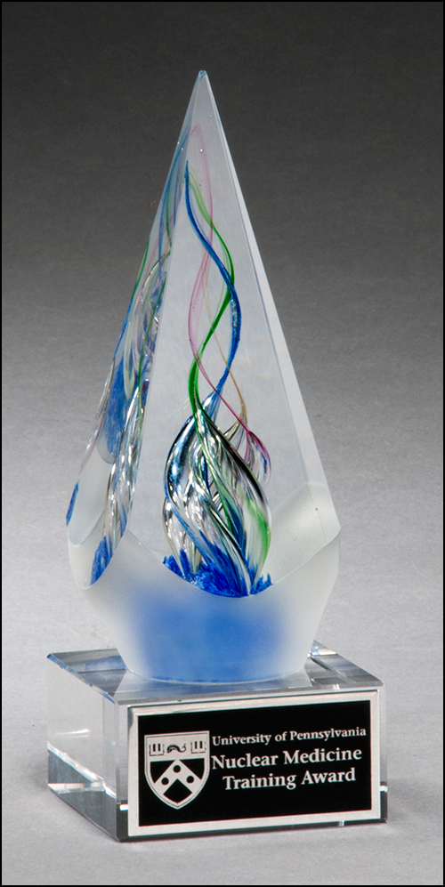 Airflyte Art Glass Arrow shaped award with frosted glass accent and Black Laser Plate