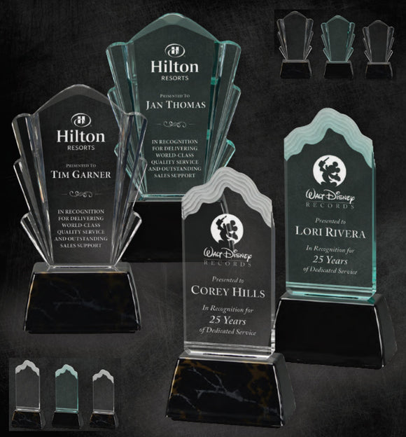 GreyStone Coronet and Wave Style Acrylic Awards with Snap-In Weighted Plastic Bases | 2 STYLES | 2 COLORS | 3 SIZES