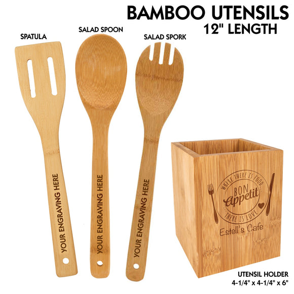 Customizable All Natural Bamboo Utensils and Utensil Holder