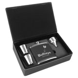 6 oz oz, leather leatherette flask gift box set present custom personalize personalization customization shot glasses best ideas boss employer retirement party black gold silver dark light brown pink grey gray rustic rawhide corporate him guy men man groomsmen wedding