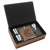 6 oz oz, leather leatherette flask gift box set present custom personalize personalization customization shot glasses best ideas boss employer retirement party black gold silver dark light brown pink grey gray rustic rawhide corporate him guy men man groomsmen wedding