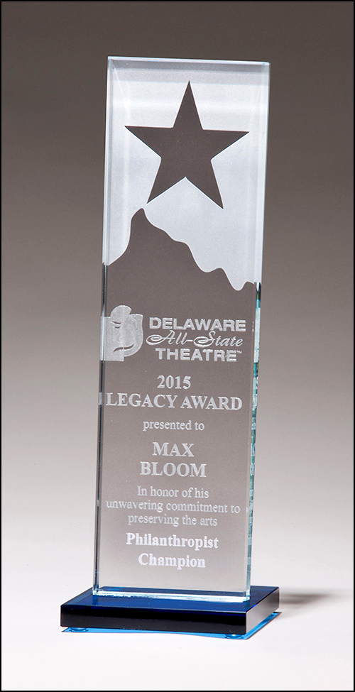 Airflyte 3/8 inch thick Etched clear glass award with star and mountain peak with blue glass base