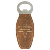 custom engraved personalized bottle opener big large gift present groomsmen bridesmaid wedding party leather laser father of the groom bride light dark tan brown black gold silver rustic rawhide grey gray blue rose pink
