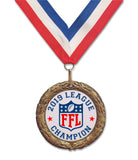 fantasy football league ranking placing medals medallions champion 1st 2nd 3rd first second third place red white blue ribbon neck