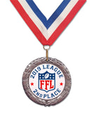 fantasy football league ranking placing medals medallions champion 1st 2nd 3rd first second third place red white blue ribbon neck