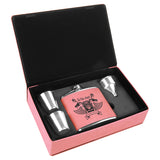 6 oz oz, leather leatherette flask gift box set present custom personalize personalization customization shot glasses best ideas boss employer retirement party black gold silver dark light brown pink grey gray rustic rawhide corporate him guy men man groomsmen wedding