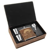 6 oz oz, leather leatherette flask gift box set present custom personalize personalization customization shot glasses best ideas boss employer retirement party black gold silver dark light brown pink grey gray rustic rawhide corporate him guy men man groomsmen wedding