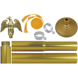 INDOOR / PARADE MOUNT SET - Comes complete with a brass plated eagle ornament (5" high with 5" wing span), gold cord & tassel, EZ-Mount flag rings, 2-piece 8' x 1" gold anodized aluminum pole with top adapter, and 12" diameter gold Viscount floor stand.