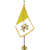 PAPAL DELUXE SET WITH OAK POLE (3' x 5' Flag - 8ft. Pole) - Deluxe sets include gold fringed nylon flag, gold cord & tassel, 2-piece pole with brass screw joint, brass plated metal Passion Cross and gold anodized Endura Floor Stand. 9' tall overall assembled