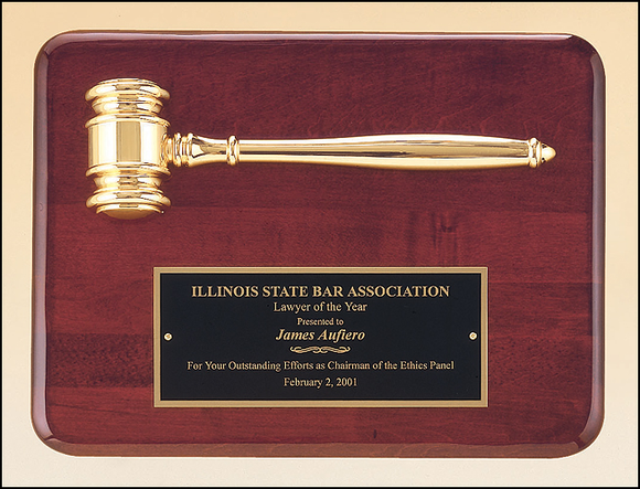 Airflyte 9 x12 Rosewood stained piano finish plaque with a gold electroplated metal gavel