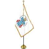 PRESBYTERIAN DELUXE SET WITH OAK POLE (3' x 5' Flag - 8ft. Pole) - Deluxe sets include gold fringed nylon flag, gold cord & tassel, 2-piece pole with brass screw joint, brass plated metal Passion Cross and gold anodized Endura™ Floor Stand. 9' tall overall assembled