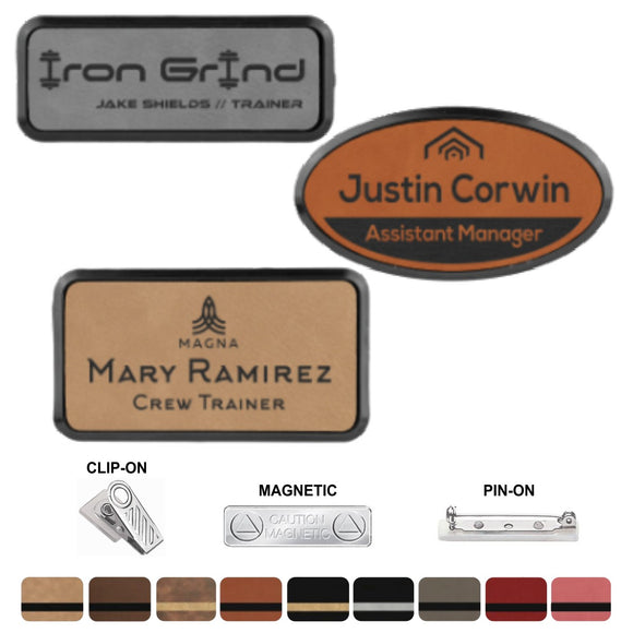 LA Trophies - Leatherette Name Badges in Black Frames with MAGNETIC / PIN-ON / CLIP-ON Backing | 3 SIZES | 9 COLORS
