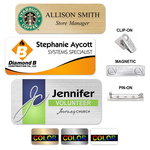 LA Trophies - FULL COLOR Metal Name Badges MAGNETIC / PIN-ON / CLIP-ON Backing | 3 SIZES | 3 COLORS