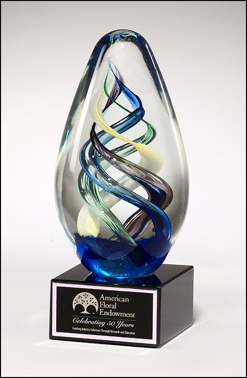 Airflyte Art Glass Egg-shaped award on black glass base with Black Laser Plate
