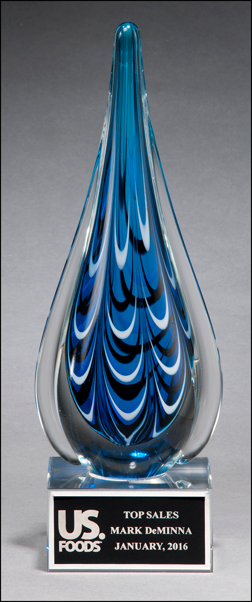 Airflyte Art Glass Blue and black teardrop shaped art glass award with Black Laser Plate