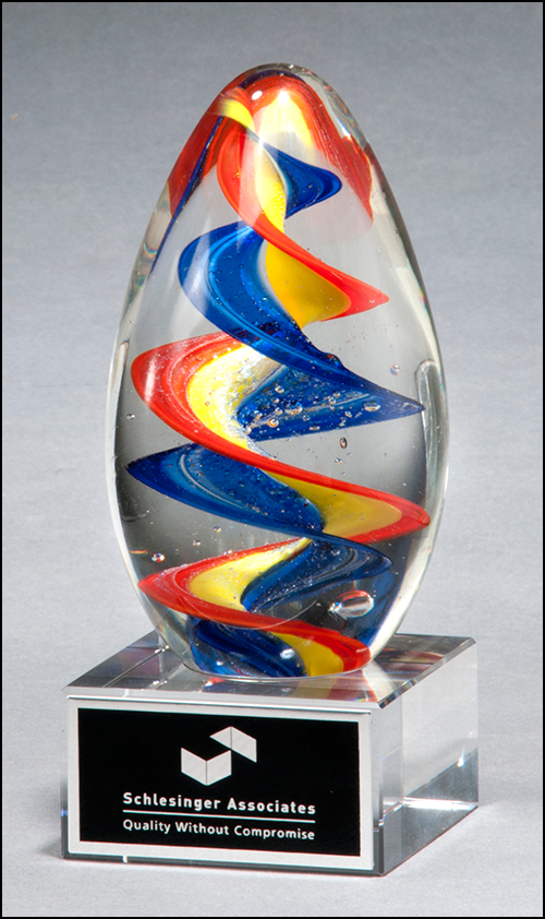 Airflyte Art Glass Colorful egg-shaped award with clear base and Black Laser Plate