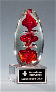 Airflyte Art Glass Egg-Shaped Red Award on Clear Glass Base with Black Laser Plate