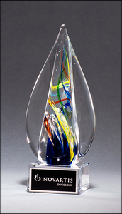 Airflyte Art Glass Flame-Shaped Award on Clear Glass Base with Black Laser Plate