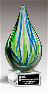 Airflyte Art Glass Droplet-Shaped Blue and Green Award on Clear Glass Base with Black Laser Plate