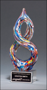 Airflyte Art Glass Helix-Shaped Multi-Color on Award with Black Laser Plate