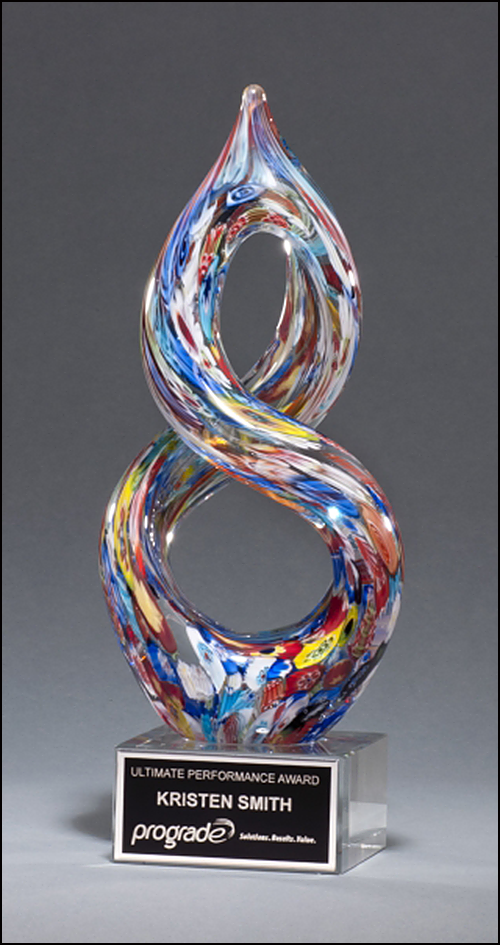 Airflyte Art Glass Helix-Shaped Multi-Color on Award with Black Laser Plate