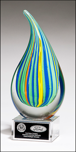 Airflyte Art Glass Droplet-Shaped Multi-Color Award with Clear Glass Base and Black Laser Plate