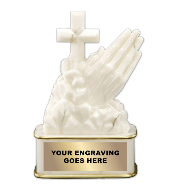 LA Trophies - 7 Inch Religious Christian White Marble Praying Hands Resin Award