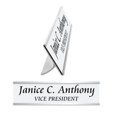 LA Trophies - SILVER Metal Desk Holder with Slide In Plastic Nameplate | 2 SIZES | 3 FONTS | 12 PLATE COLORS