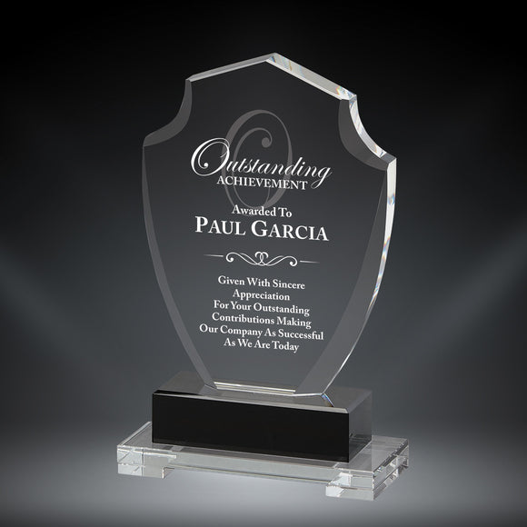 GreyStone Shield Style Crystal Award with Black Accent Crystal Base | 3 SIZES