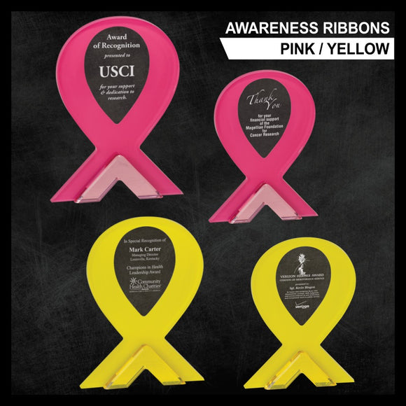 LA Trophies - Pink and Yellow Awareness Ribbon Acrylics with 1
