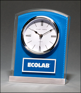 Airflyte Glass Clock with Blue Carbon Fiber Design on Aluminum Base Silver bezel, white dial, three-hand movement