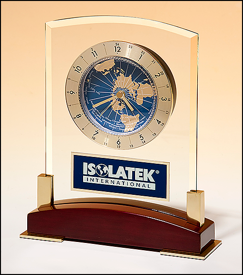 Airflyte Glass Clock with World Time Dial on Piano Finish Base with Gold Metal Accents