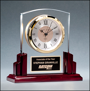 Airflyte Glass Clock with Rosewood Piano-Finish Base with Three hand movement with gold bezel and white dial