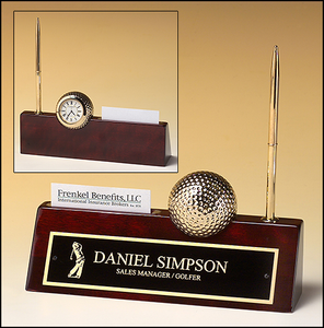 Airflyte Rosewood piano finish nameplate with pen, business card holder, and goldtone metal golf ball clock