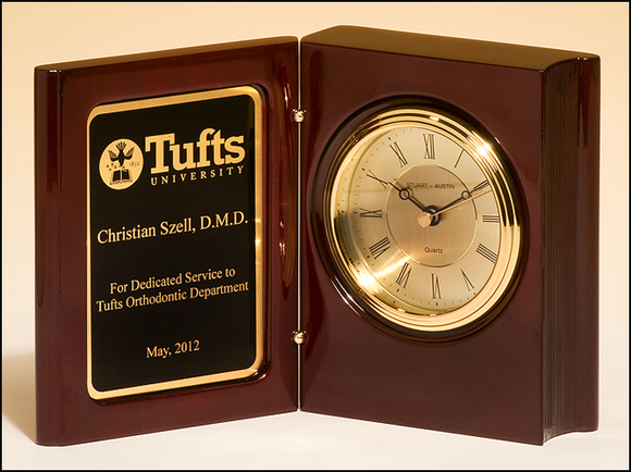 Airflyte High gloss rosewood piano-finish book clock with diamond-spun dial and three hand movement