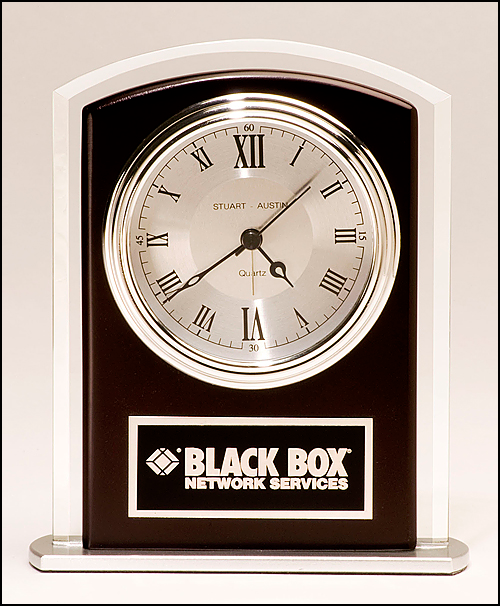 Airflyte Beveled glass clock with wood accent, silver bezel and dial, three hand movement