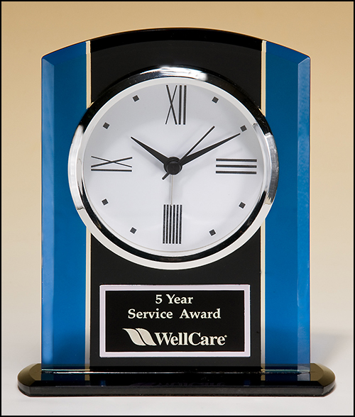 Airflyte Black and blue glass clock, silver bezel, three hand movement