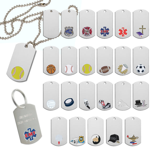 Chrome Finish Dog Tags on Neck Chain or Keyring | 23 Styles
