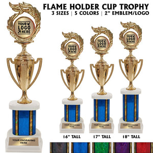 Flame 2" Emblem Holder Award Wide Riser Cup Trophies | 4 SIZES | 5 COLORS