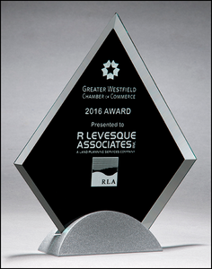 Airflyte 3/8" thick Diamond-shaped glass award with black silk screen on silver metal base | 3 SIZES