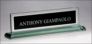 Airflyte 3/8" thick Glass Name Plate with black silk screened engraving area and mirror border