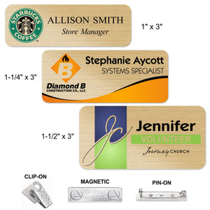 LA Trophies - FULL COLOR Metal Name Badges MAGNETIC / PIN-ON / CLIP-ON Backing | 3 SIZES | 3 COLORS