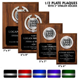 LA Trophies - Half Plate Plaque with Silver Letters and 2 Inch Emblem - 4x6, 5x7, 6x8, 7x9 | 4 SIZES | 5 Colors