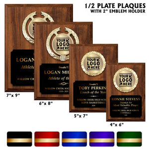 LA Trophies - Half Plate Plaque with Gold Letters and 2 Inch Emblem - 4x6, 5x7, 6x8, 7x9 | 4 SIZES | 5 Colors