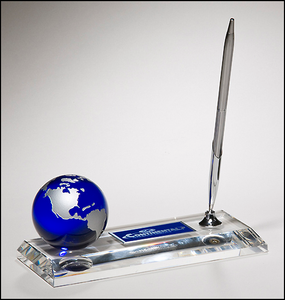 Airflyte Optical Crystal pen set with blue globe and high quality metal pen