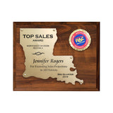 LA Trophies - Louisiana State Shaped Gold Cut-Out 8x10 Plaque on chery board for Recognition and Service 
